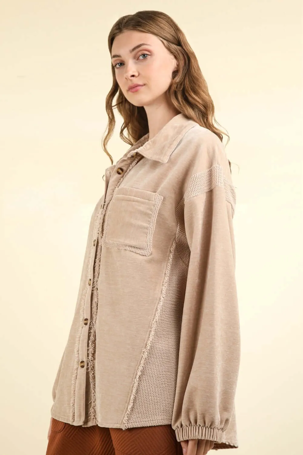 Mixed Media Button Down Raw Hem Shacket