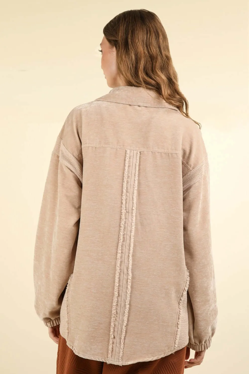 Mixed Media Button Down Raw Hem Shacket