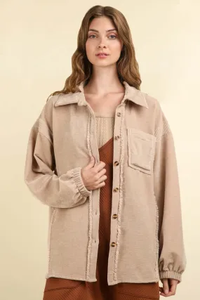 Mixed Media Button Down Raw Hem Shacket