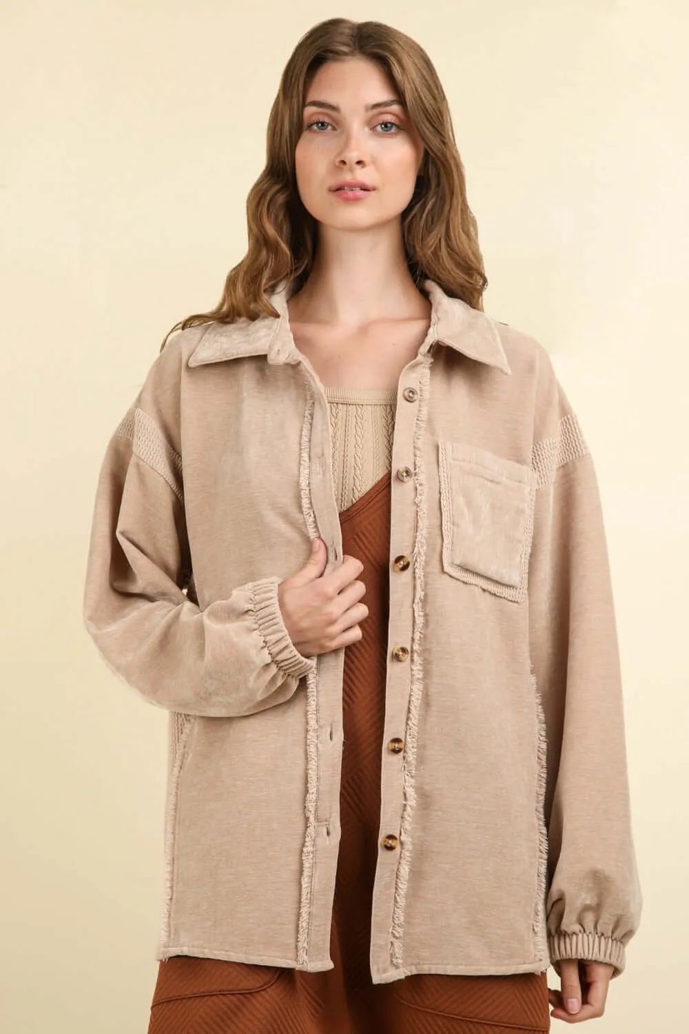 Mixed Media Button Down Raw Hem Shacket