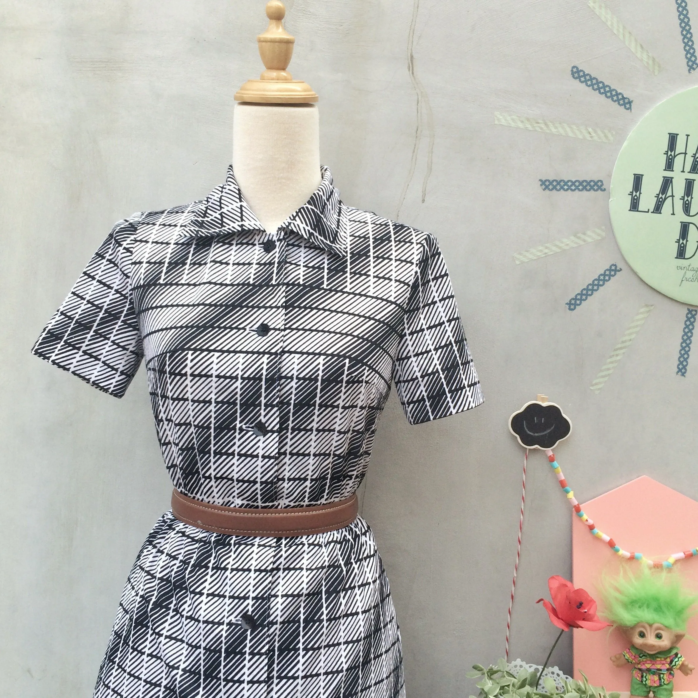 Moire Moi Retro | Vintage 1960s Black white Stripes all ways Shirtwaist Dress