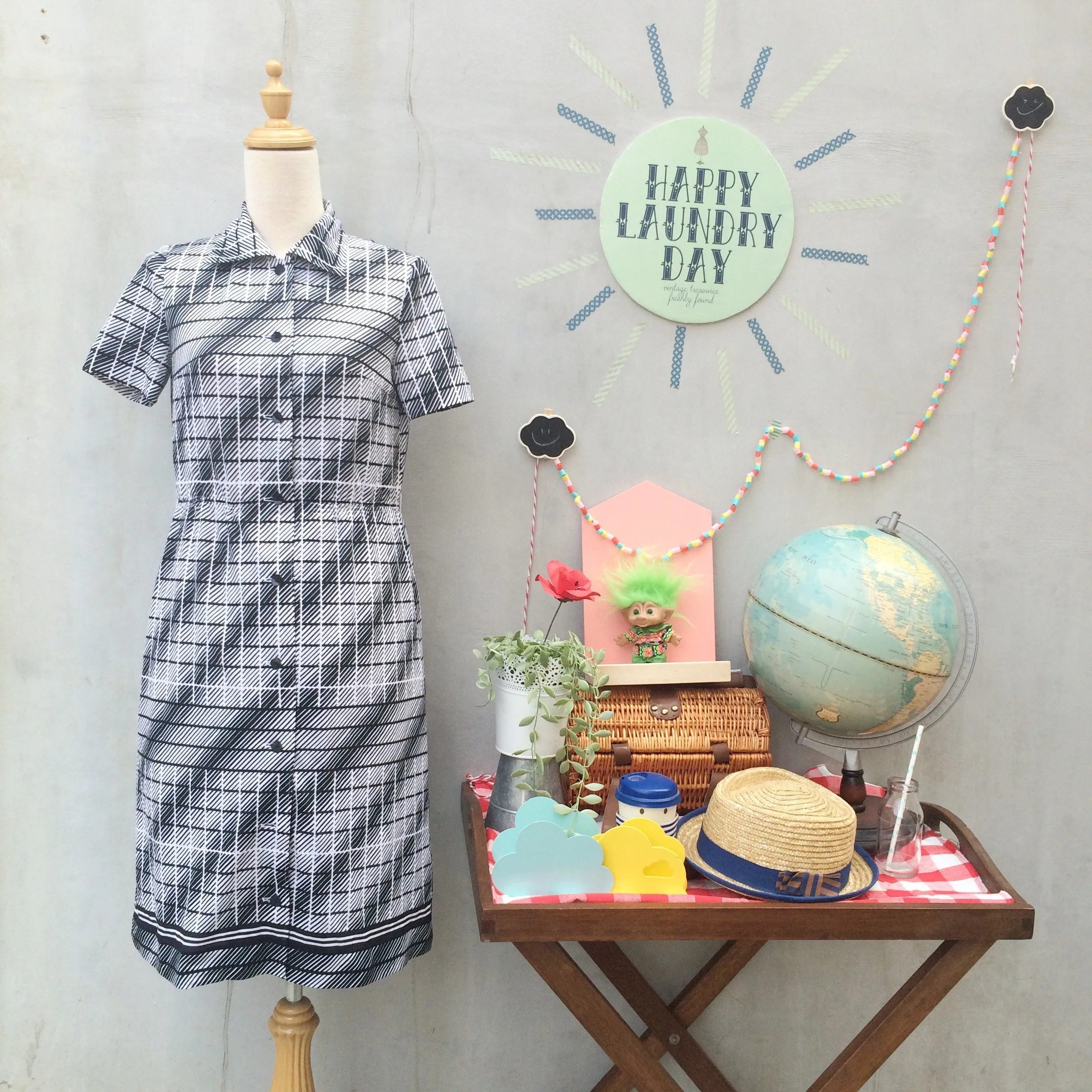 Moire Moi Retro | Vintage 1960s Black white Stripes all ways Shirtwaist Dress