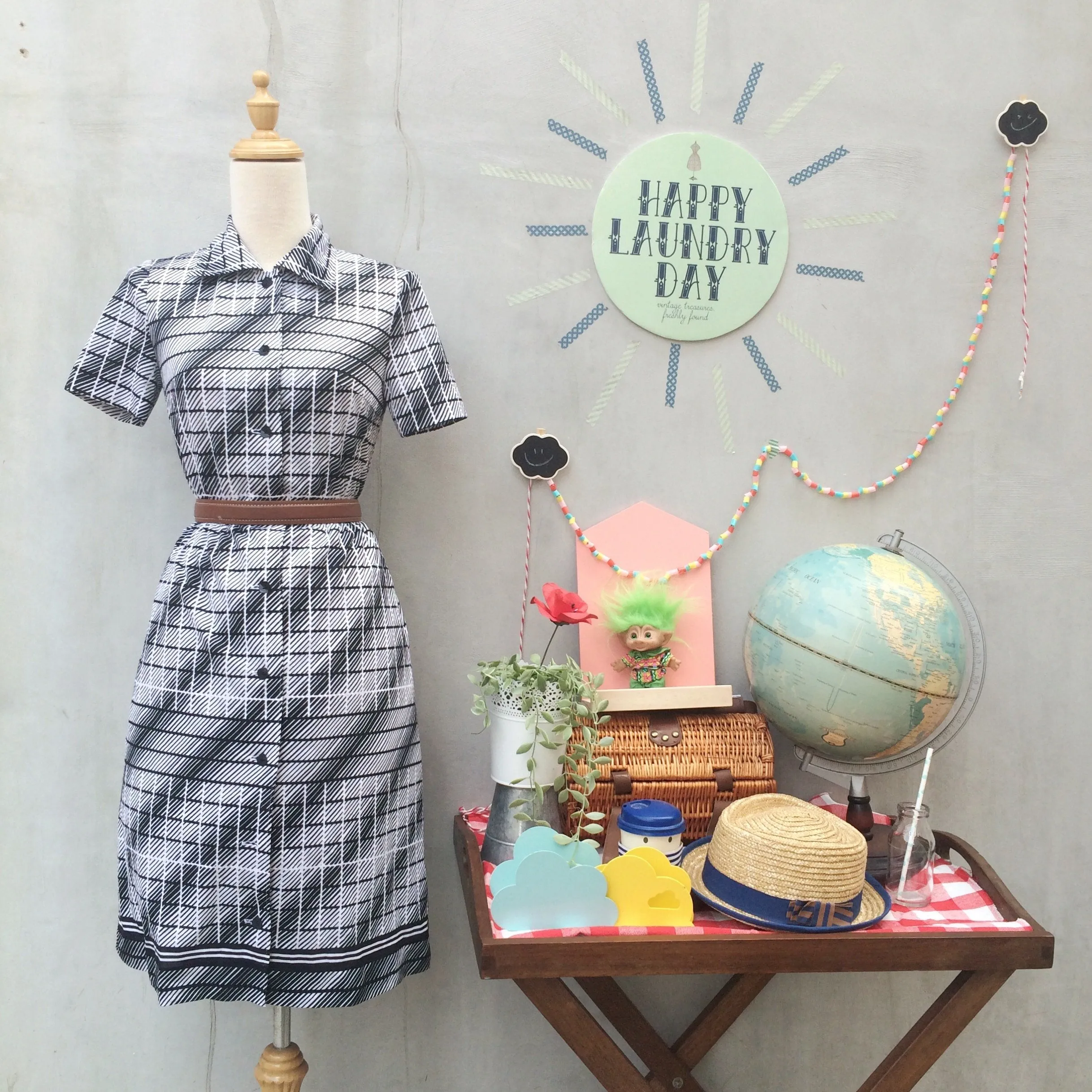 Moire Moi Retro | Vintage 1960s Black white Stripes all ways Shirtwaist Dress