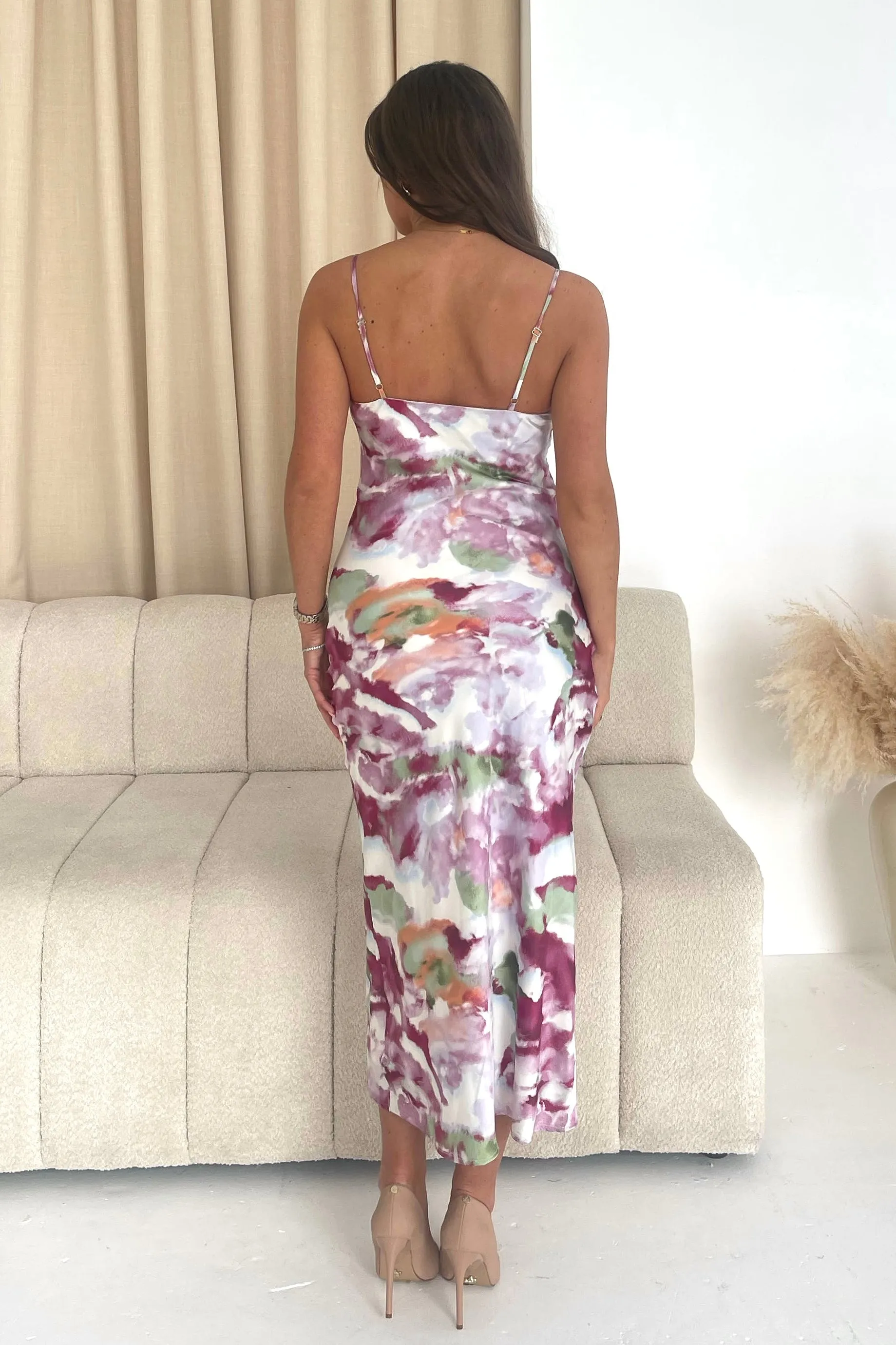 Naomi Purple Print Slip Midi Dress