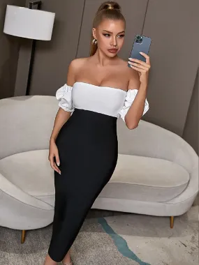 Off Shoulder Patchwork Midi Bandage Dress