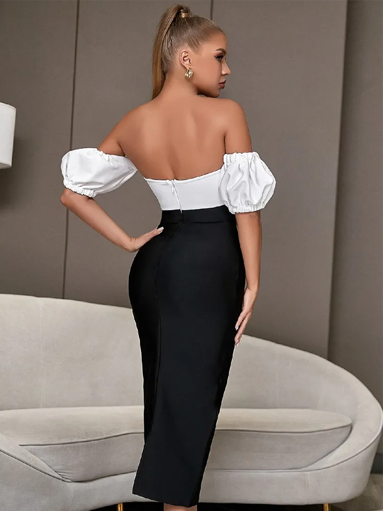 Off Shoulder Patchwork Midi Bandage Dress