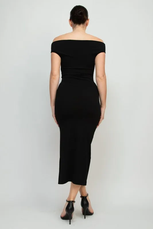 Off The Shoulder Ribbed Slit Leg Midi Dress