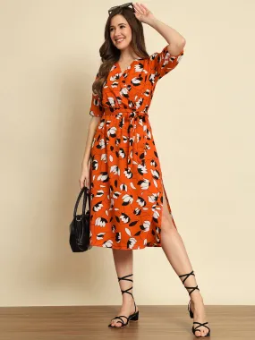 Orange Floral Wrap Dress