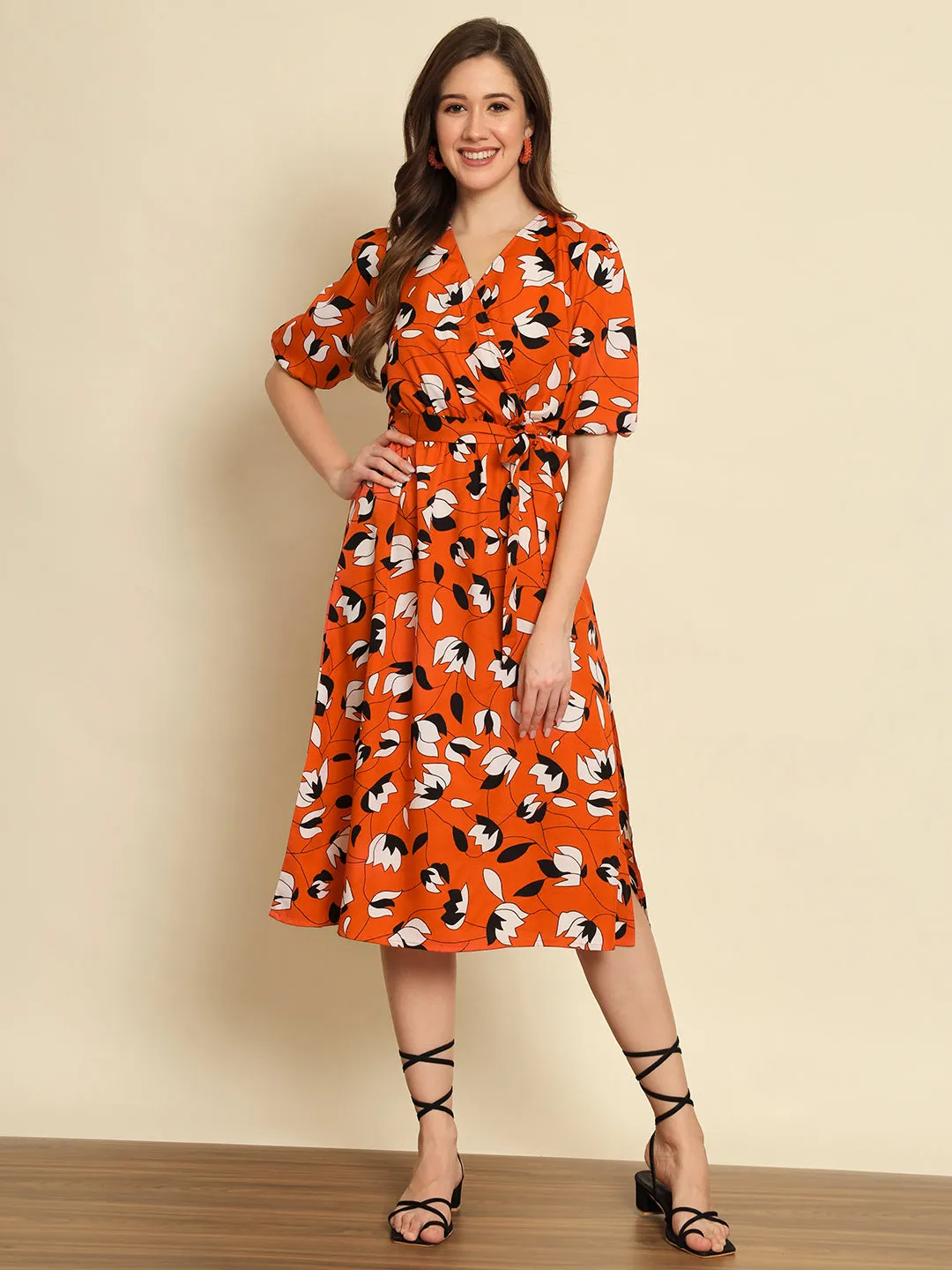 Orange Floral Wrap Dress