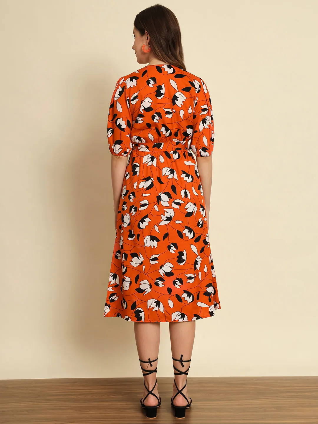 Orange Floral Wrap Dress