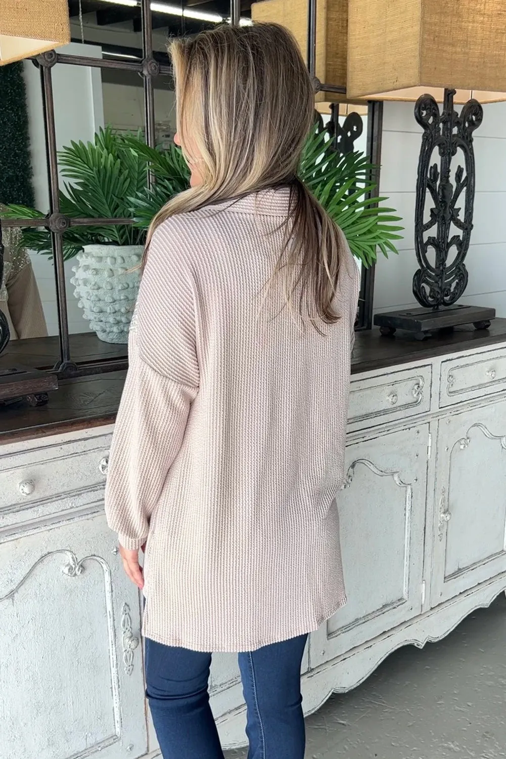Parchment Sequin Patch Chest Pocket Corded Shacket