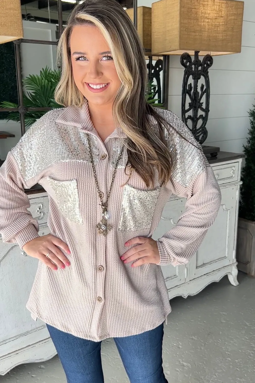 Parchment Sequin Patch Chest Pocket Corded Shacket