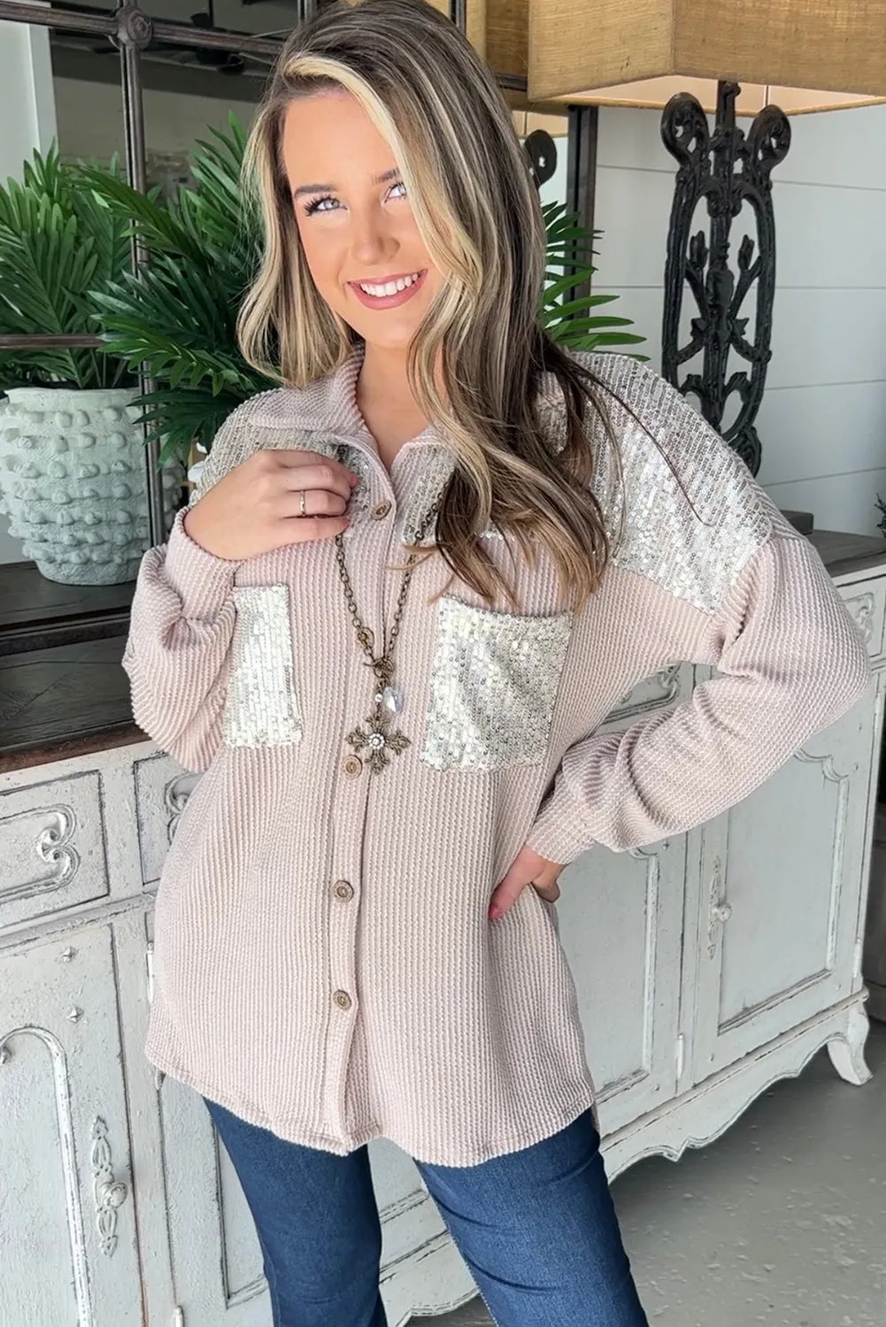 Parchment Sequin Patch Chest Pocket Corded Shacket