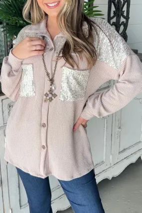 Parchment Sequin Patch Chest Pocket Corded Shacket