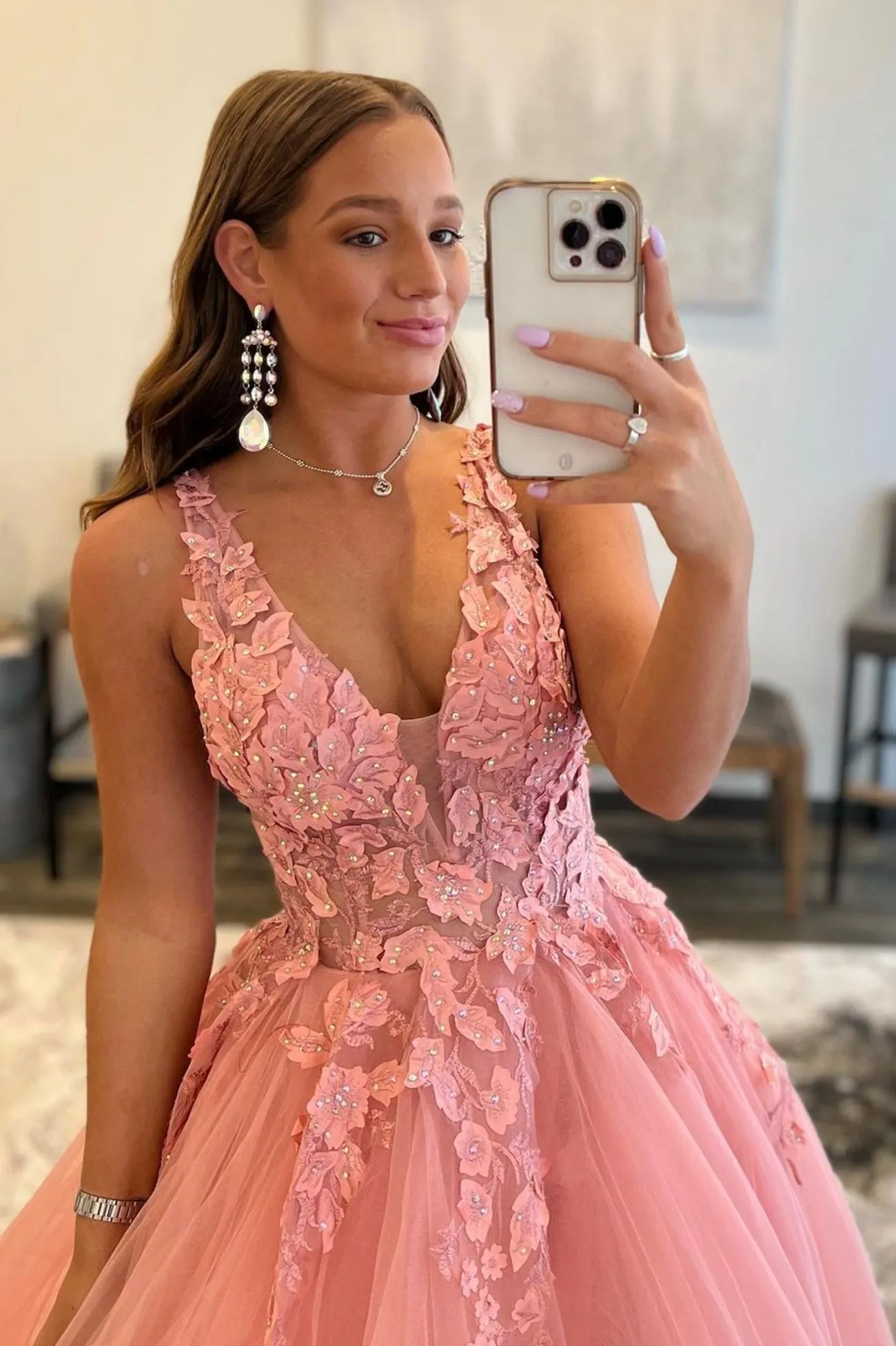 Pink V-Neck Lace Floor Length Prom Dress, Beautiful A-Line Backless Evening Dress