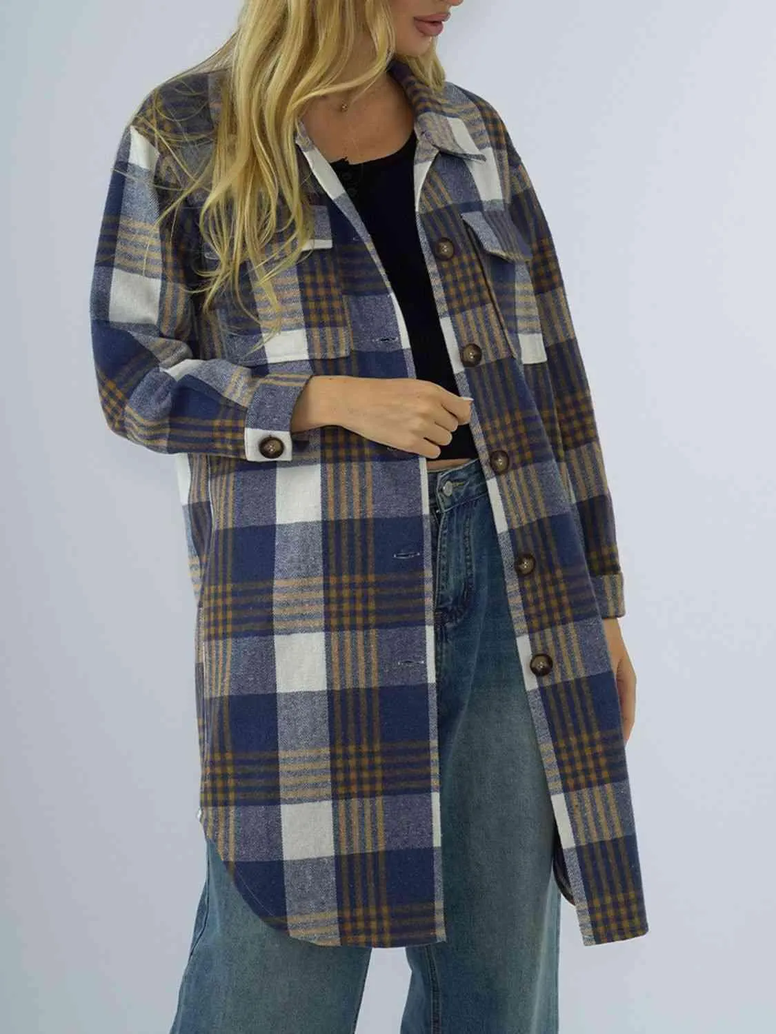 Plaid Collared Neck Long Sleeve Shacket