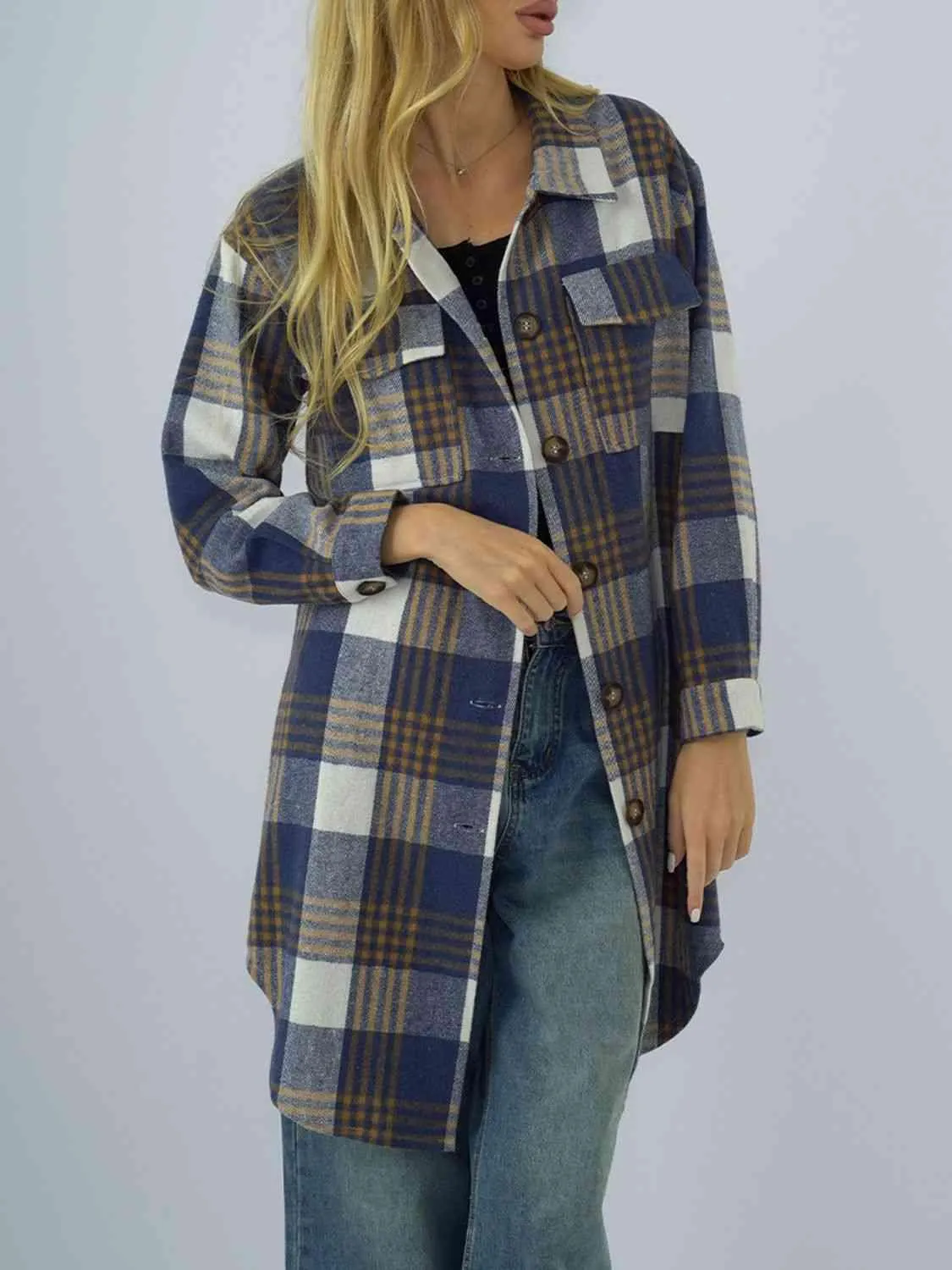 Plaid Collared Neck Long Sleeve Shacket