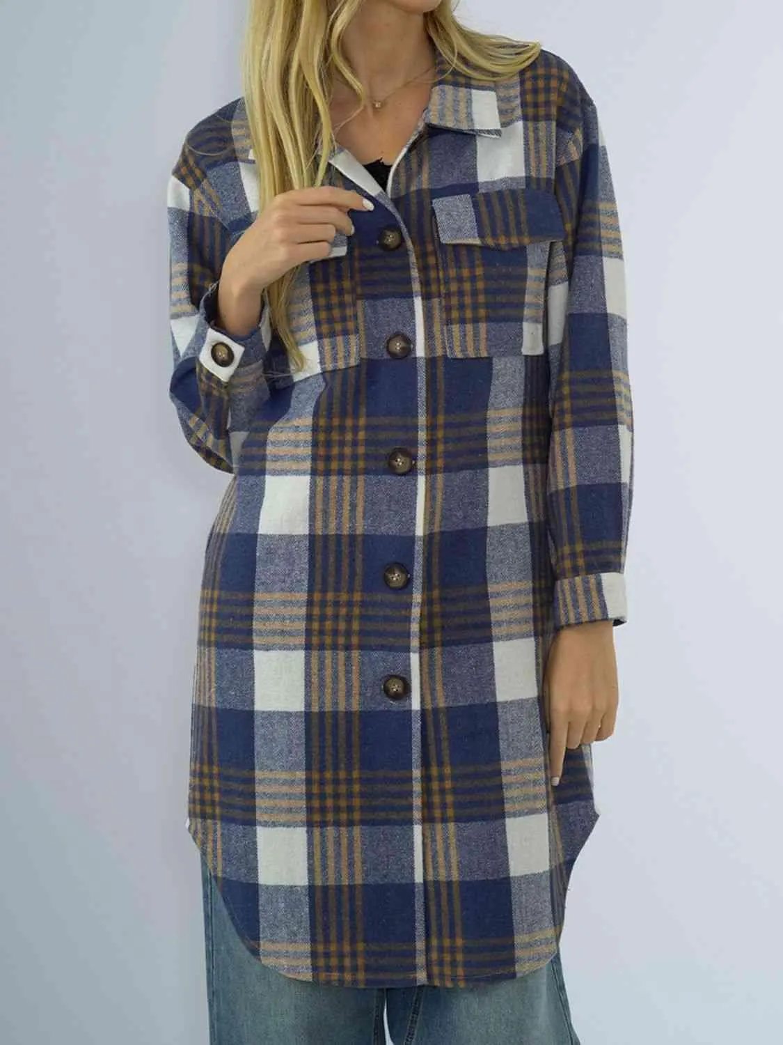 Plaid Collared Neck Long Sleeve Shacket