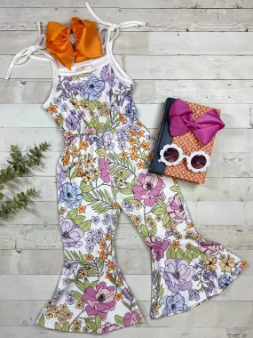 Purple, Blue, & Pink Floral White Tie Jumpsuit