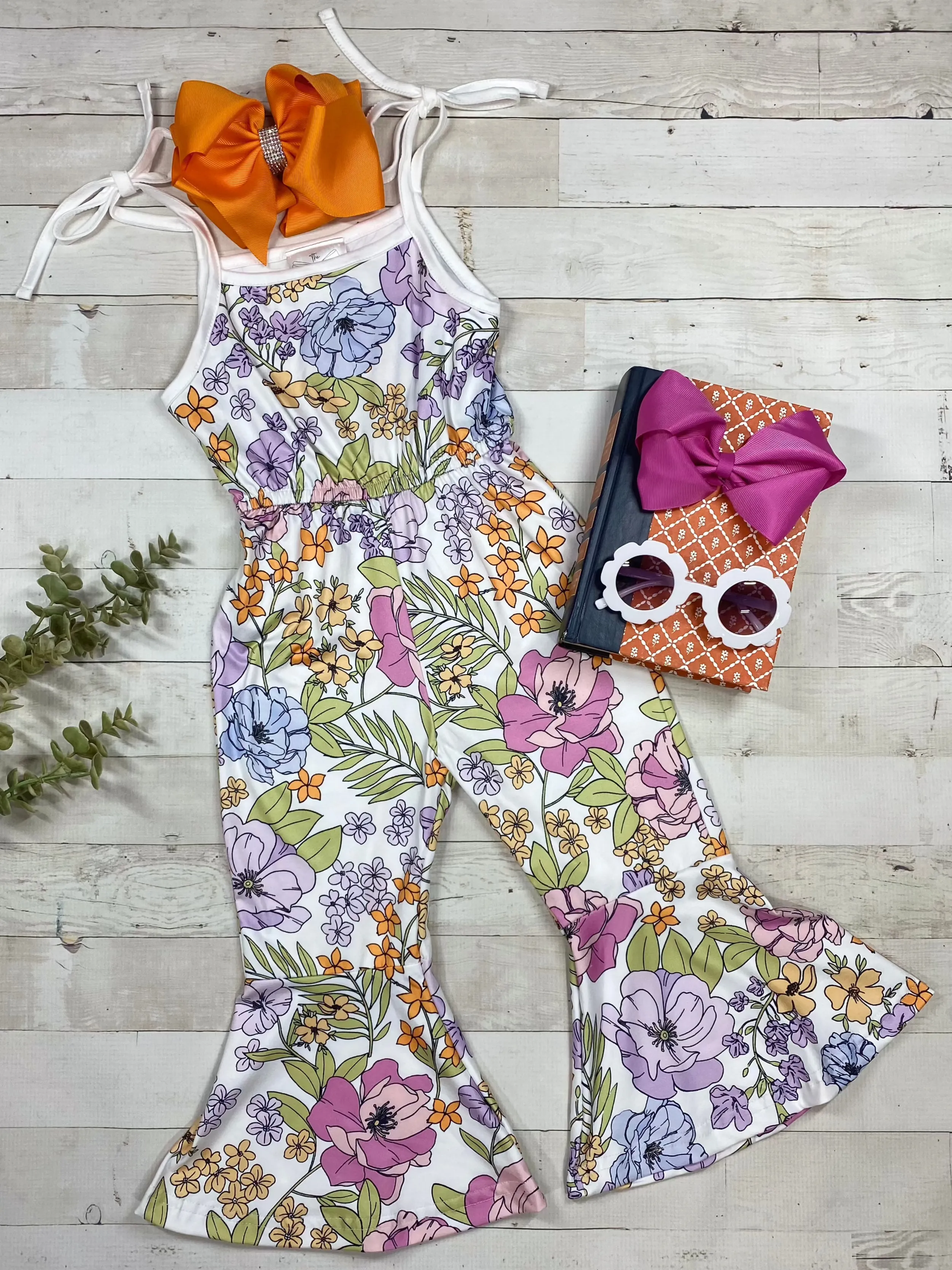 Purple, Blue, & Pink Floral White Tie Jumpsuit