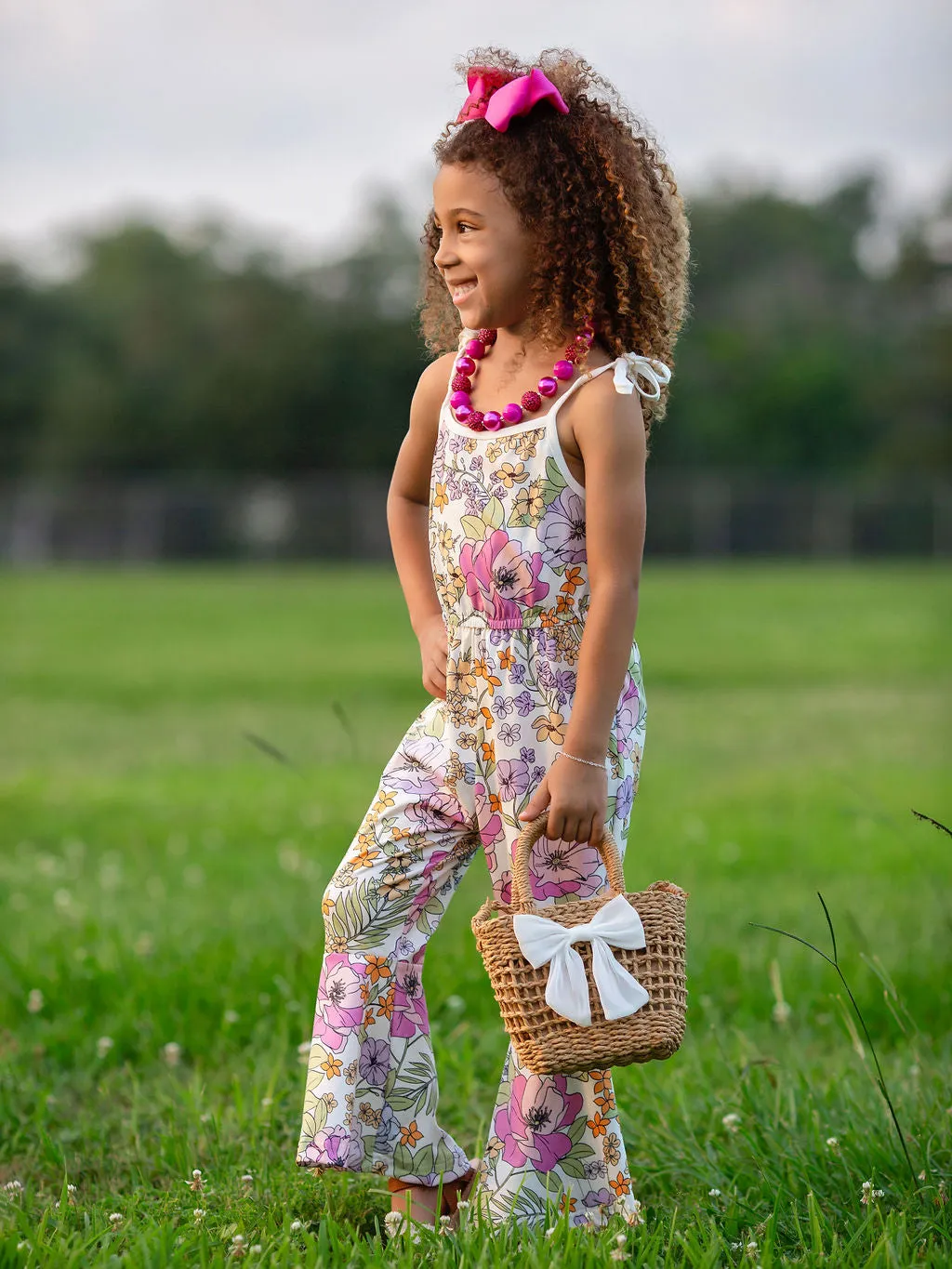 Purple, Blue, & Pink Floral White Tie Jumpsuit