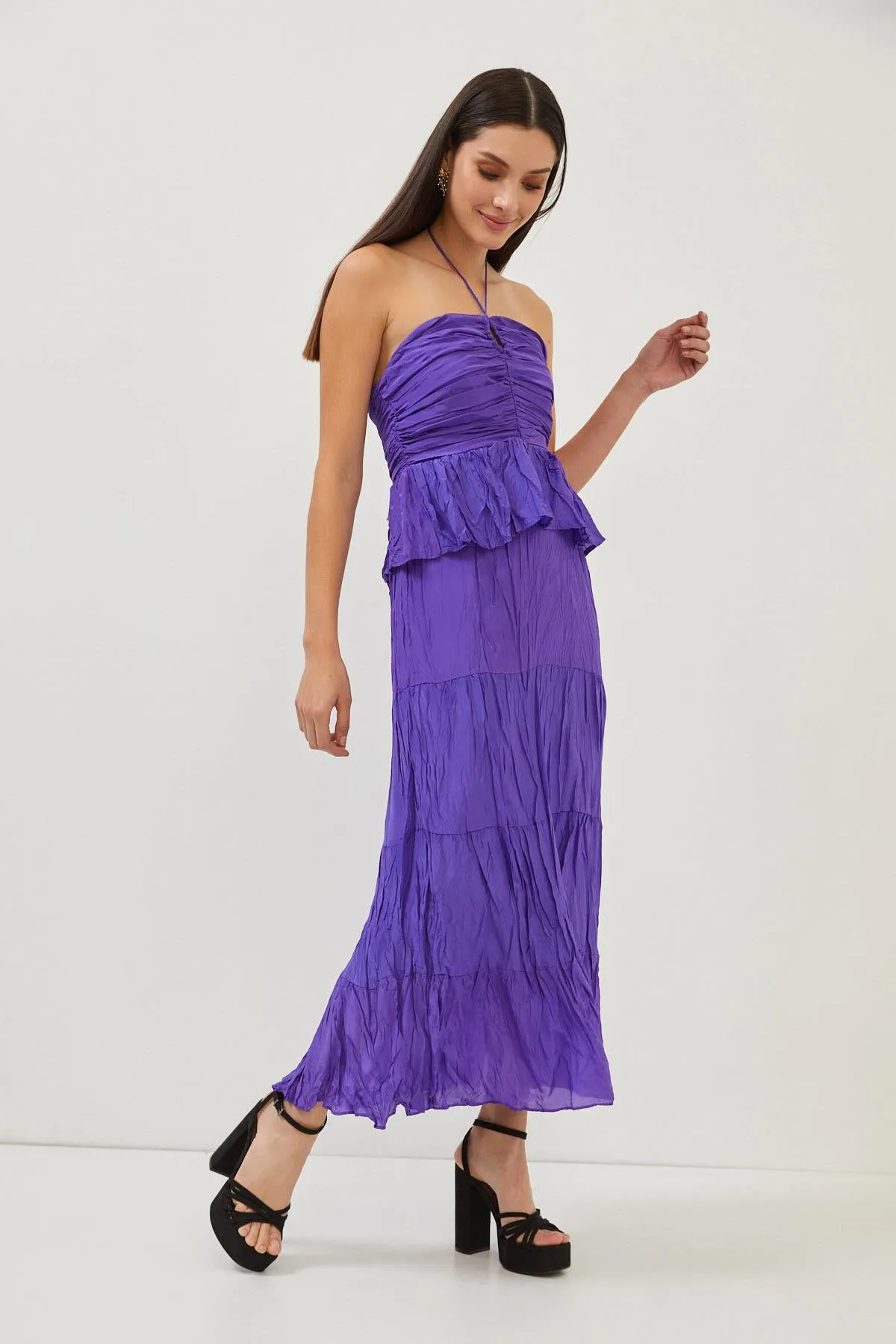 Purple Ruffle Detail Strappy Open Back Maxi Dress