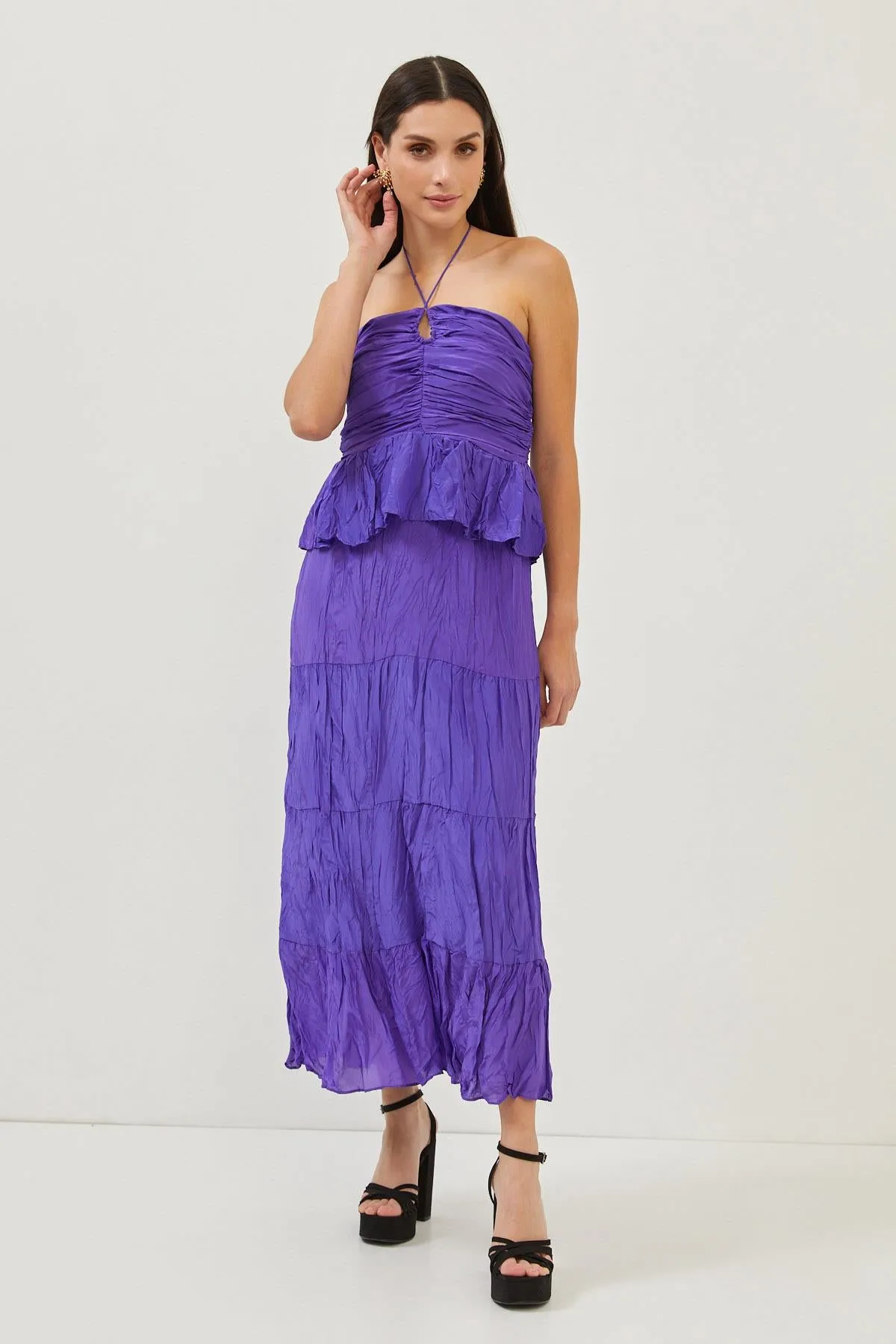 Purple Ruffle Detail Strappy Open Back Maxi Dress