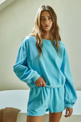 Quincey Skye Blue Cotton Mineral Wash Crew Neck Sweatshirt