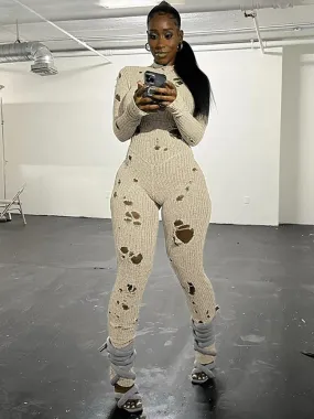 "Stylish T-BOO Women's Knit Ripped Jumpsuit: Elastic, Sexy, Hipster Long Sleeve Streetwear for Active Workouts"