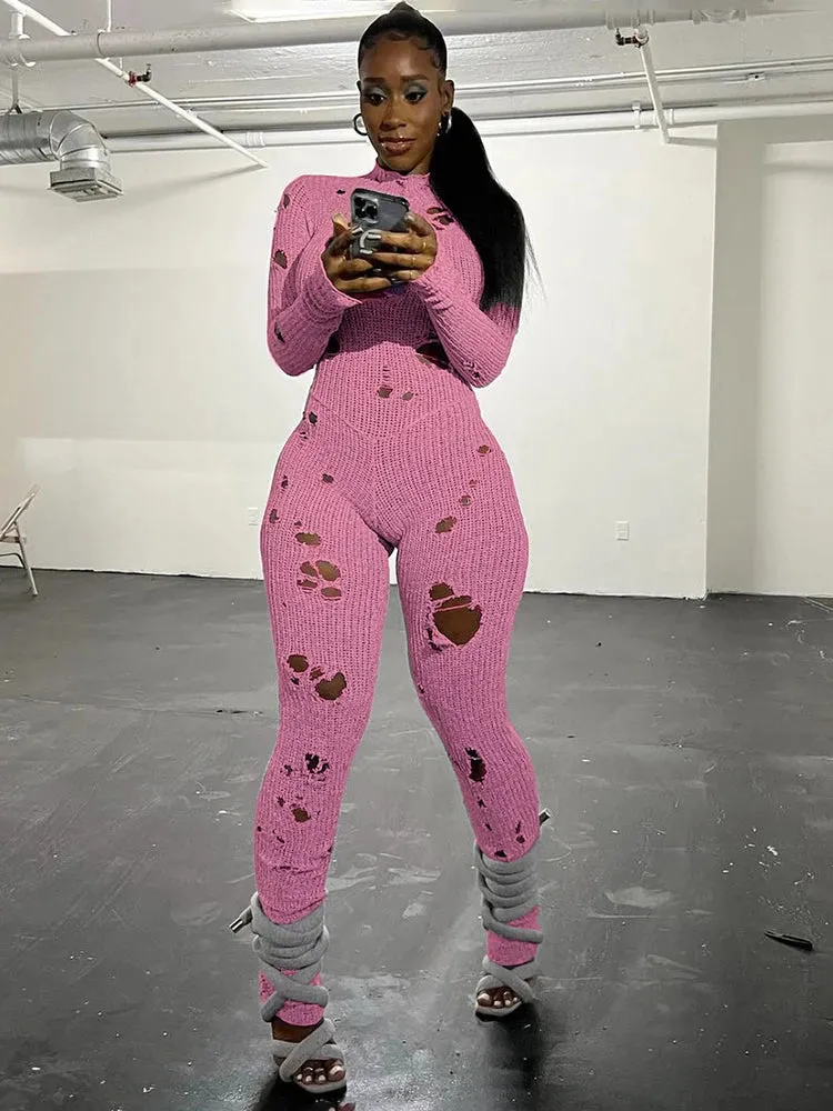 "Stylish T-BOO Women's Knit Ripped Jumpsuit: Elastic, Sexy, Hipster Long Sleeve Streetwear for Active Workouts"