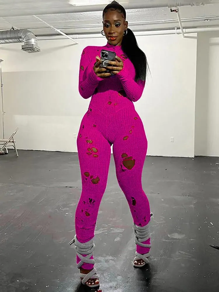 "Stylish T-BOO Women's Knit Ripped Jumpsuit: Elastic, Sexy, Hipster Long Sleeve Streetwear for Active Workouts"