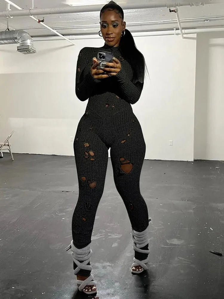 "Stylish T-BOO Women's Knit Ripped Jumpsuit: Elastic, Sexy, Hipster Long Sleeve Streetwear for Active Workouts"