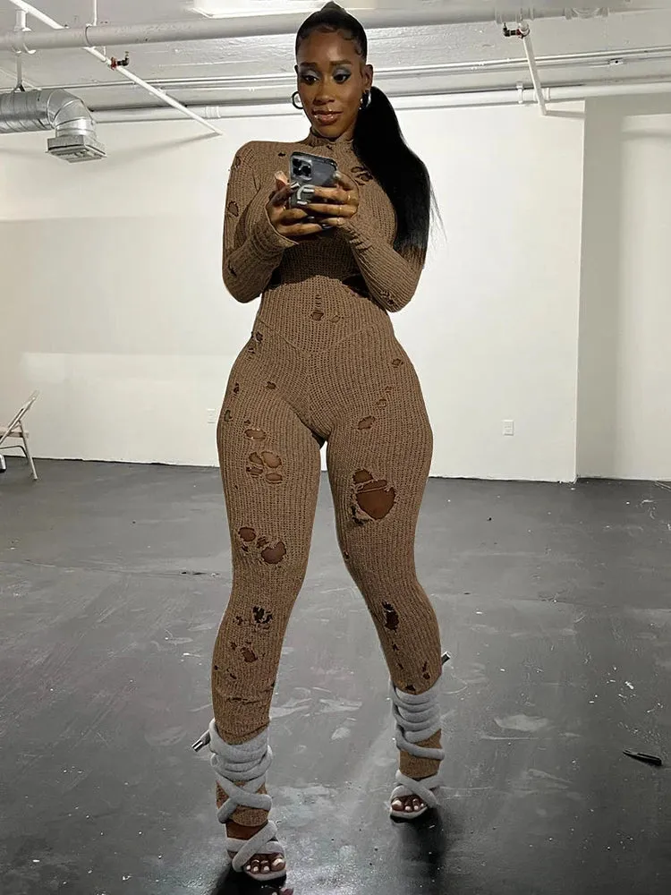 "Stylish T-BOO Women's Knit Ripped Jumpsuit: Elastic, Sexy, Hipster Long Sleeve Streetwear for Active Workouts"