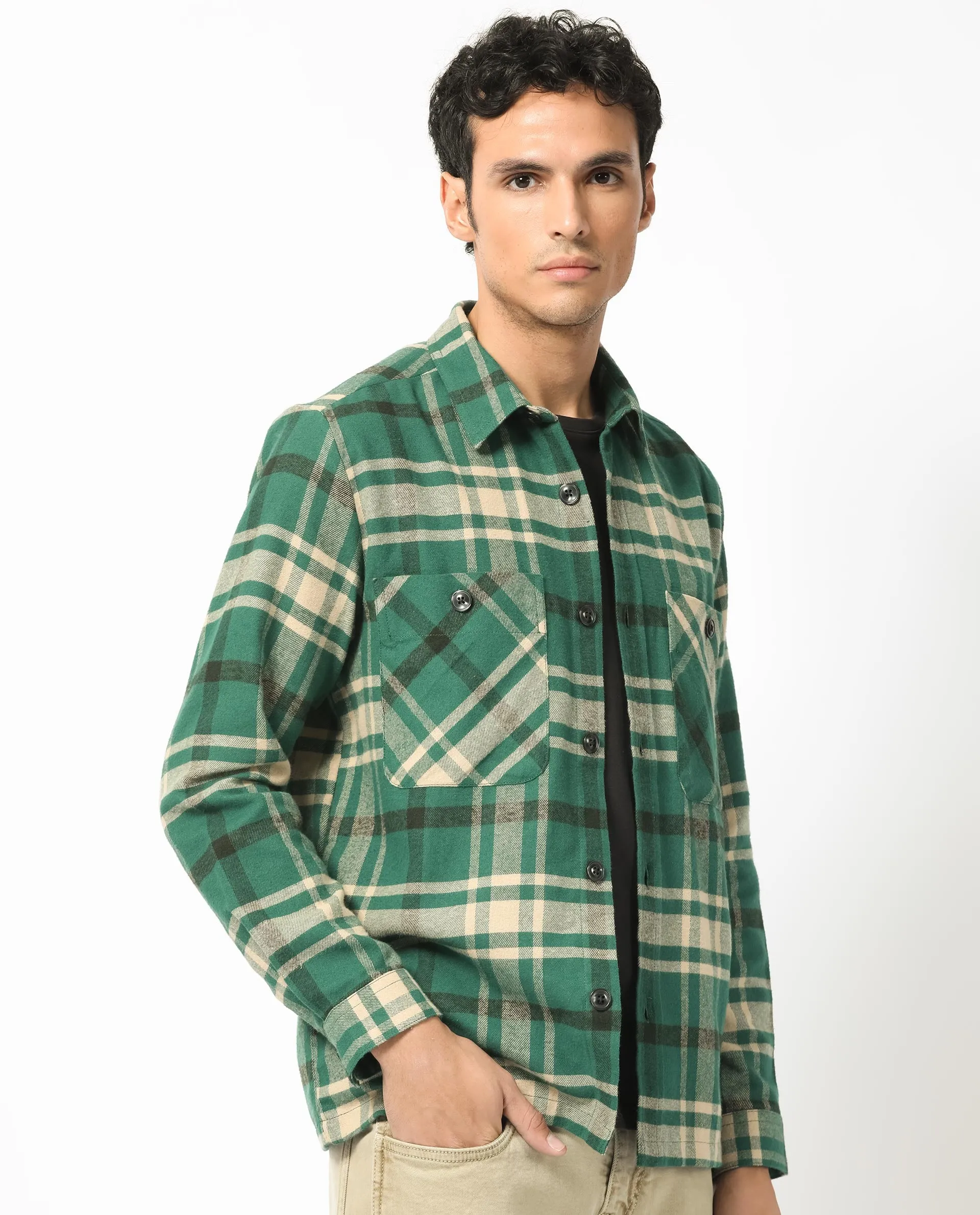 Rare Rabbit Men's Nero Dark Green Cotton Fabric Full Sleeves Button Closure Twill Checks Shacket
