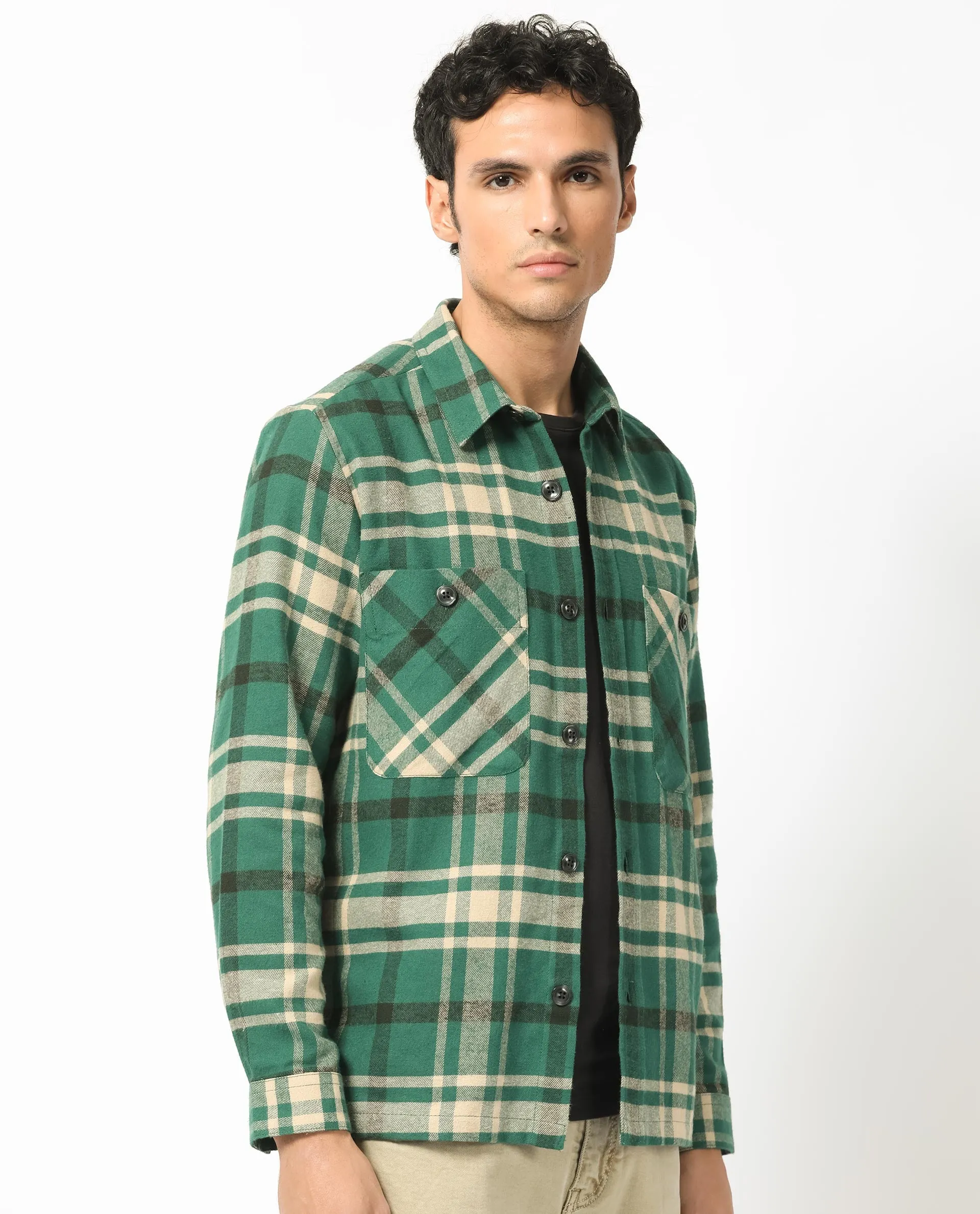 Rare Rabbit Men's Nero Dark Green Cotton Fabric Full Sleeves Button Closure Twill Checks Shacket