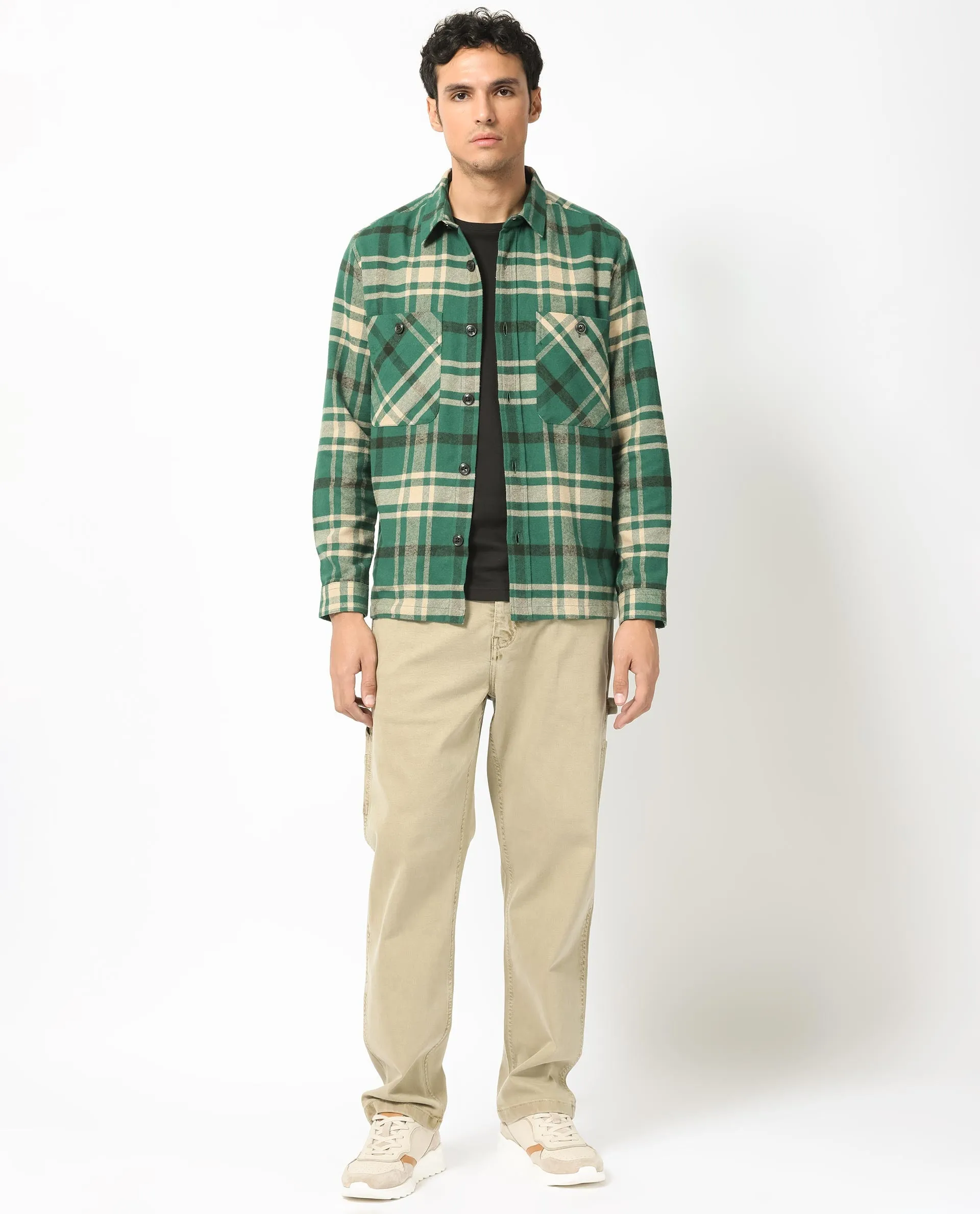 Rare Rabbit Men's Nero Dark Green Cotton Fabric Full Sleeves Button Closure Twill Checks Shacket