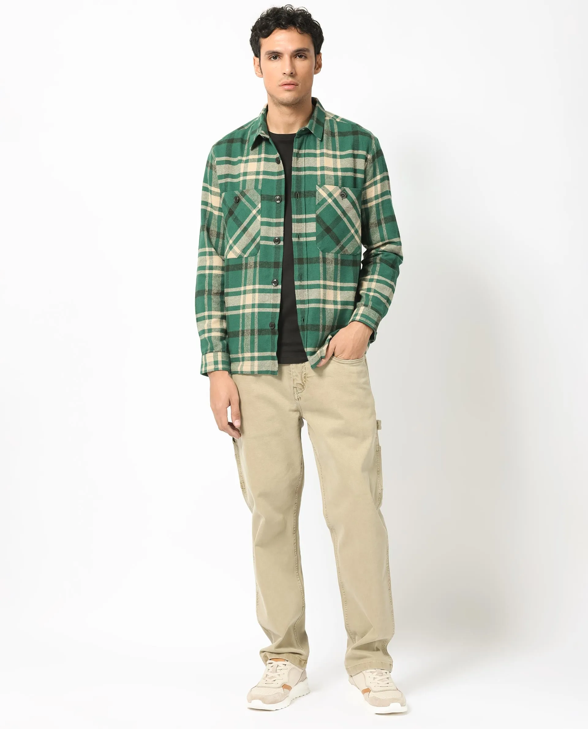 Rare Rabbit Men's Nero Dark Green Cotton Fabric Full Sleeves Button Closure Twill Checks Shacket