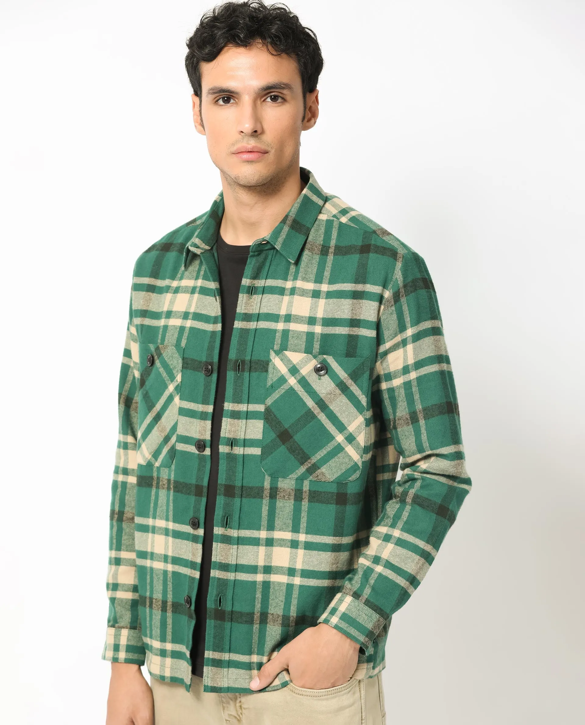 Rare Rabbit Men's Nero Dark Green Cotton Fabric Full Sleeves Button Closure Twill Checks Shacket