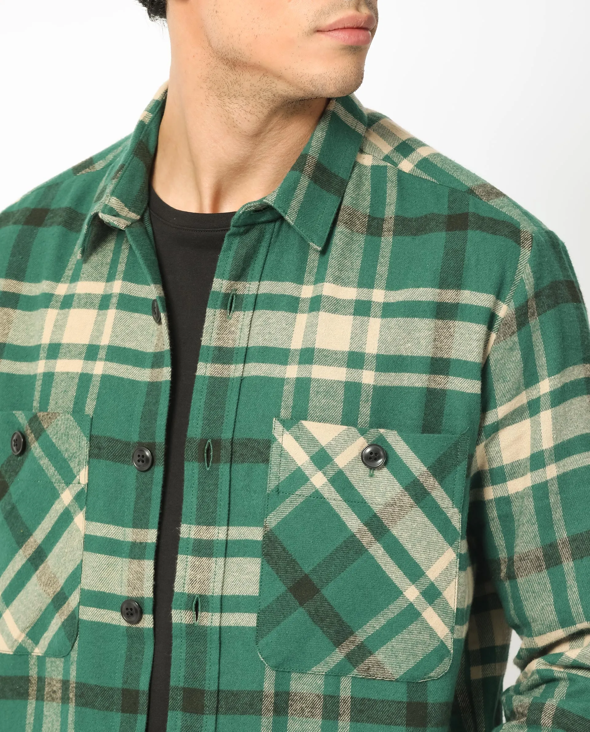 Rare Rabbit Men's Nero Dark Green Cotton Fabric Full Sleeves Button Closure Twill Checks Shacket