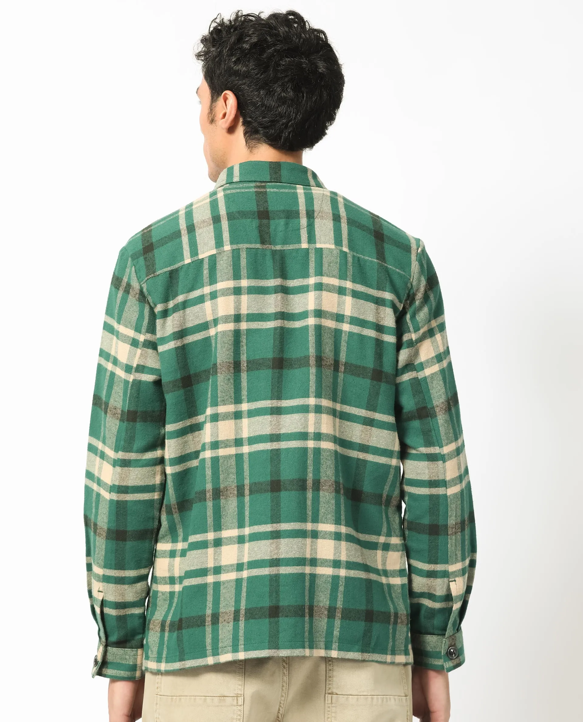 Rare Rabbit Men's Nero Dark Green Cotton Fabric Full Sleeves Button Closure Twill Checks Shacket