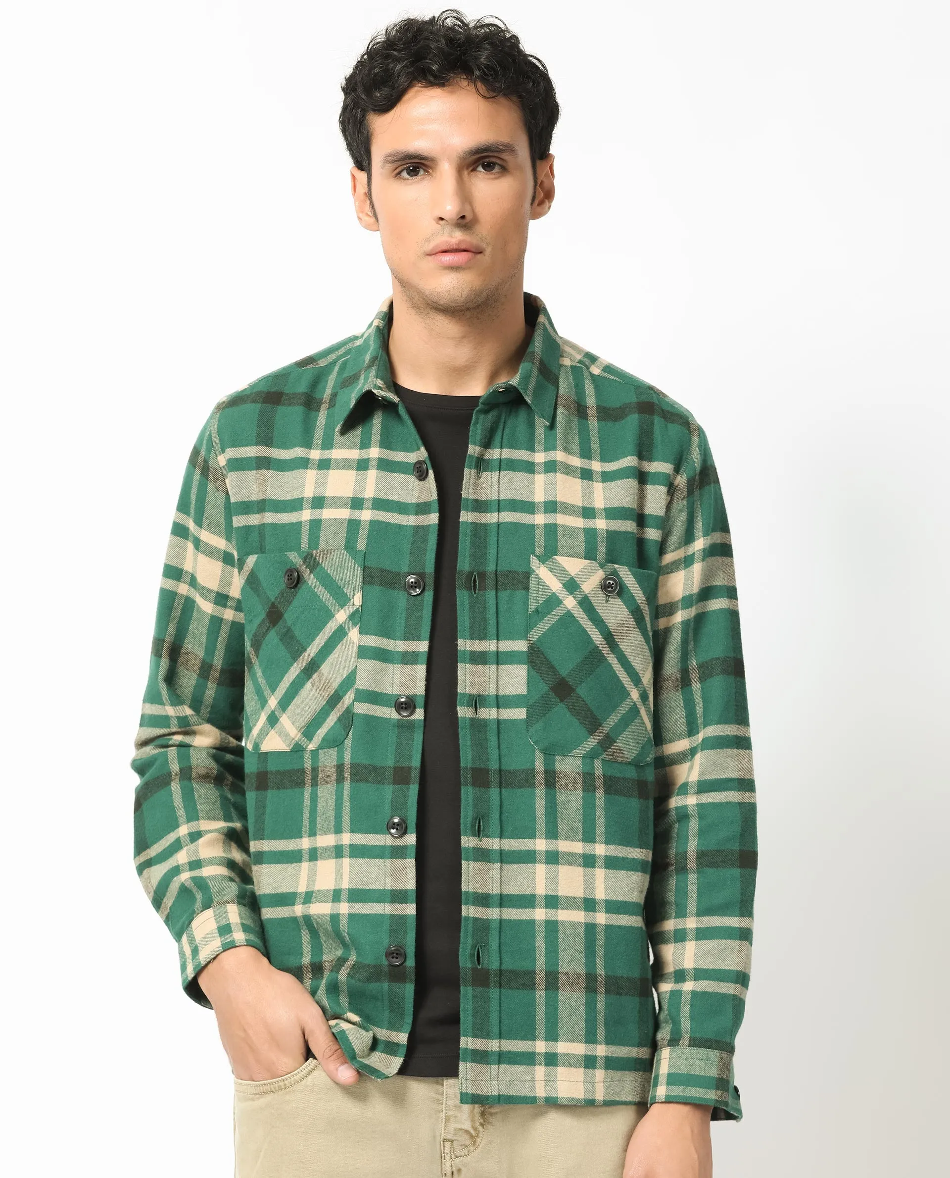 Rare Rabbit Men's Nero Dark Green Cotton Fabric Full Sleeves Button Closure Twill Checks Shacket