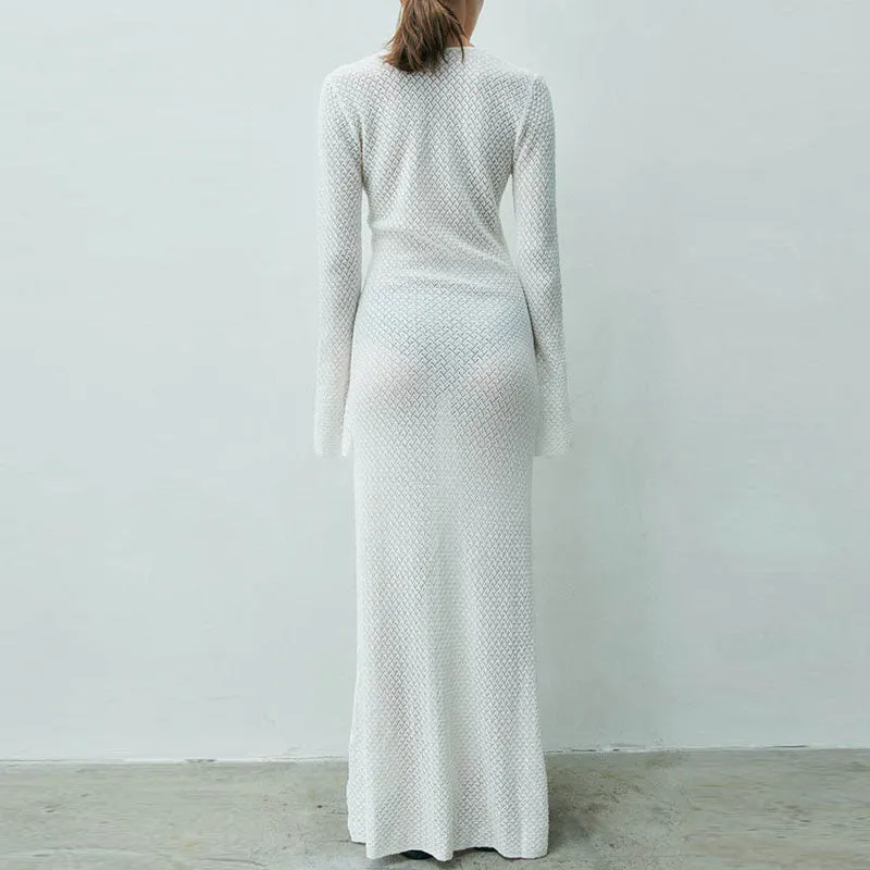 Sexy Keyhole Cutout Plunging Neck Long Sleeve Split Maxi White Cover Up Dress