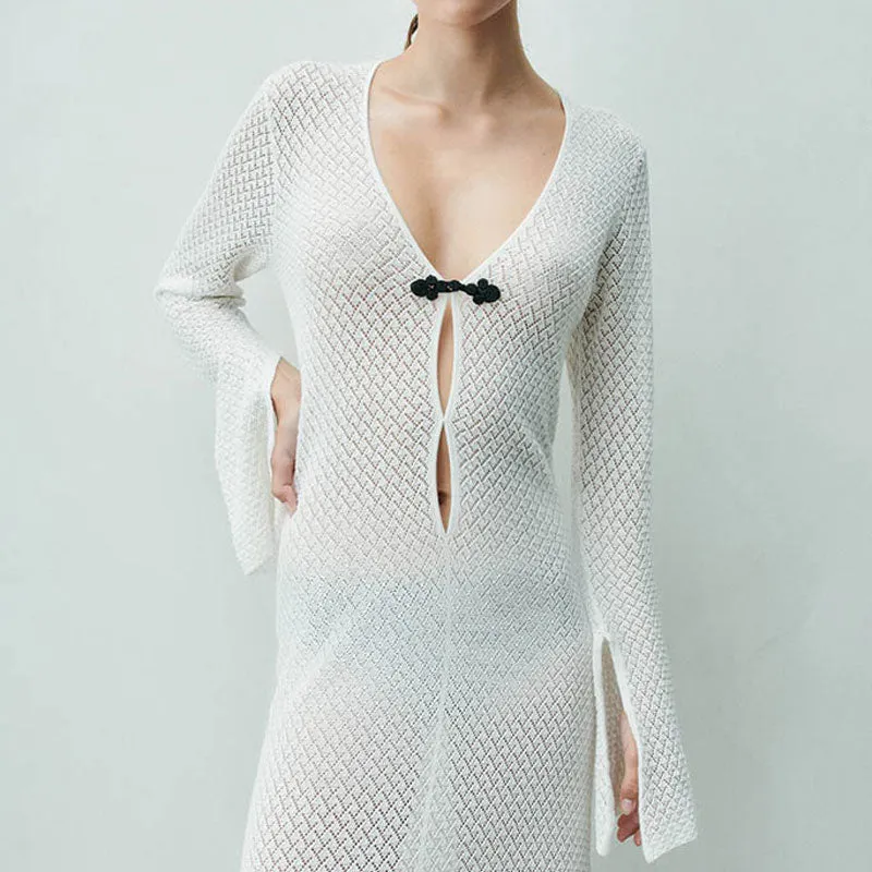 Sexy Keyhole Cutout Plunging Neck Long Sleeve Split Maxi White Cover Up Dress