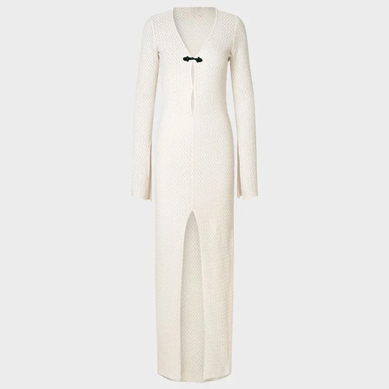 Sexy Keyhole Cutout Plunging Neck Long Sleeve Split Maxi White Cover Up Dress