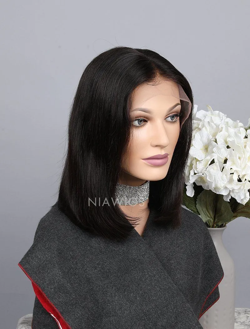Silky Straight Bob Cut Human Hair Skin Base Lace Front Wigs