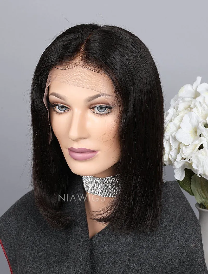 Silky Straight Bob Cut Human Hair Skin Base Lace Front Wigs