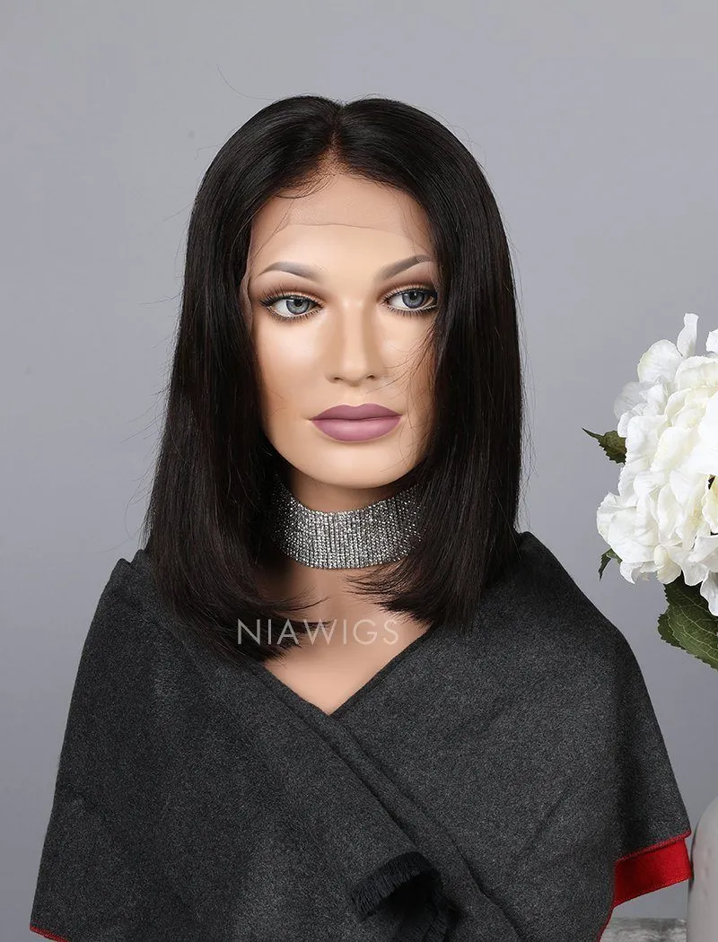 Silky Straight Bob Cut Human Hair Skin Base Lace Front Wigs