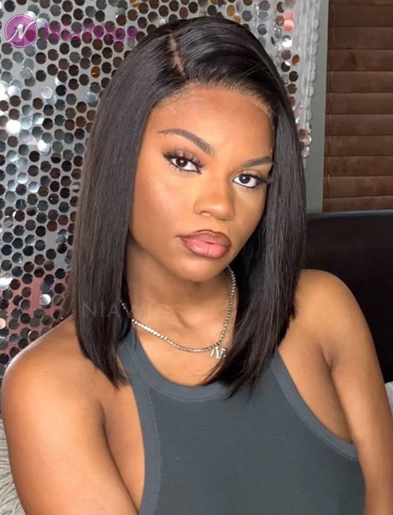 Silky Straight Bob Cut Human Hair Skin Base Lace Front Wigs