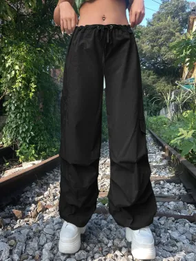 Solid Colored Drawstring Cargo Parachute Pant