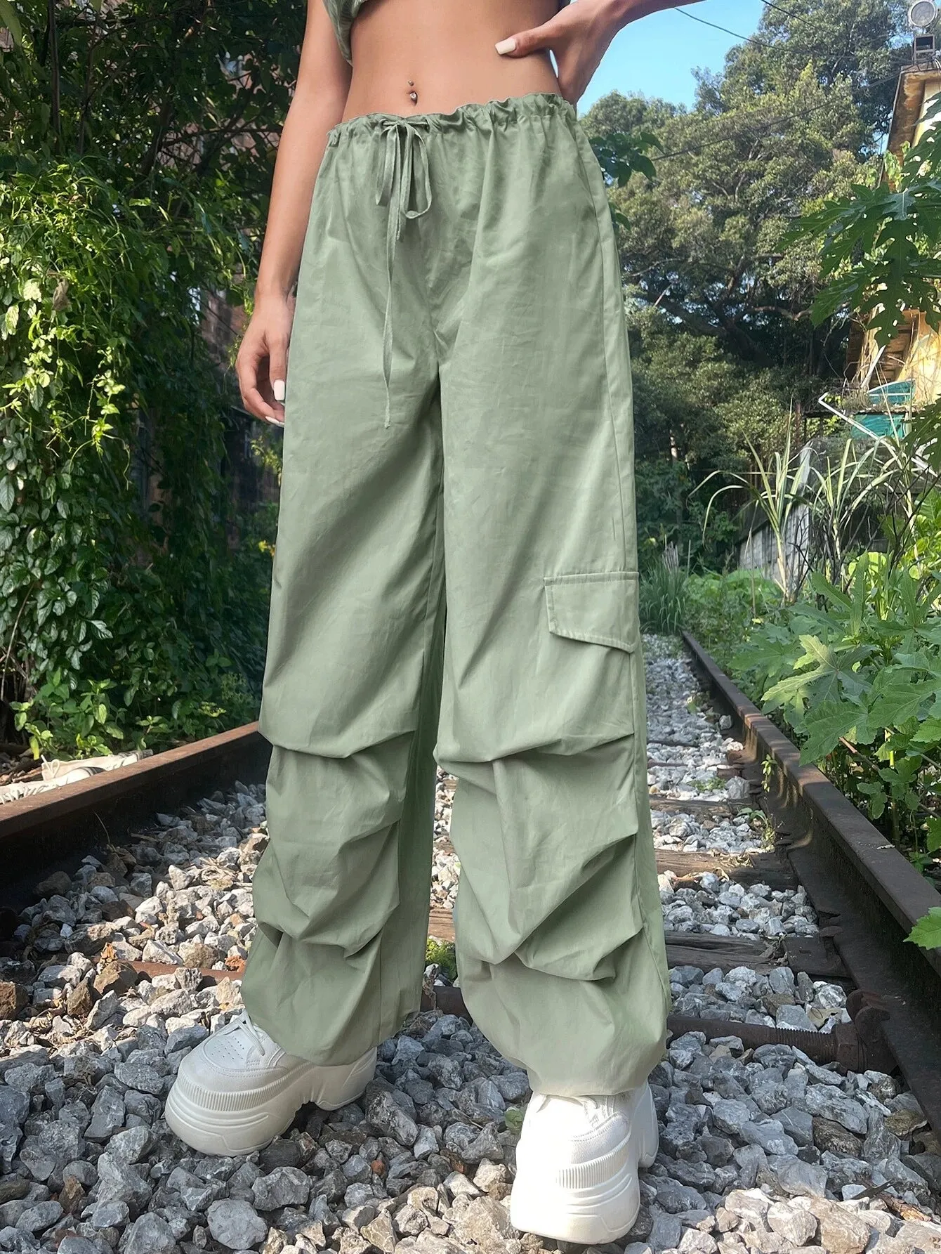 Solid Colored Drawstring Cargo Parachute Pant